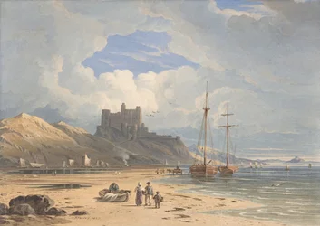 Castillo de Bamborough desde el noreste, con la isla sagrada en la distancia, Northumberland, 1827