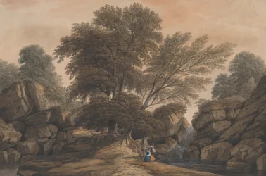 Figuras junto a una cascada y un estanque en un paisaje boscoso, 1812