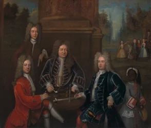 Elihu Yale con miembros de su familia y un niño esclavizado