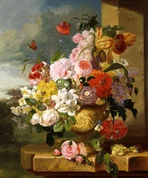 Naturaleza muerta de flores en un jarrón (incluidos narcisos, rosas, tulipanes y prímulas). Pintura de John Wainewright (n. siglo XIX) Colección particular.