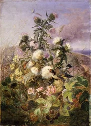 Un jilguero y una mariposa entre cardos y flores de zarzamora