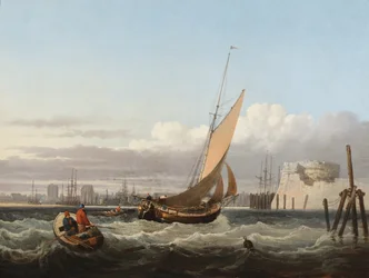 Un carguero de astillero entrando en el puerto de Portsmouth (óleo sobre tabla)