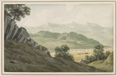 Puente Llanelltyd sobre el Maw, en el camino entre Barmouth y Dolgellau, mirando hacia Hengwrt y más allá hacia Cader Idris, Merionethshire, 16 de julio de 1790