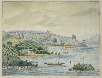 Agregar. 13880, f.79 Vista de una colonia británica. En primer plano, nativos en una canoa, de un diario que se lleva a bordo del transporte Minerva, de Irlanda a Nueva Gales del Sur y Bengala, por John Washington Price