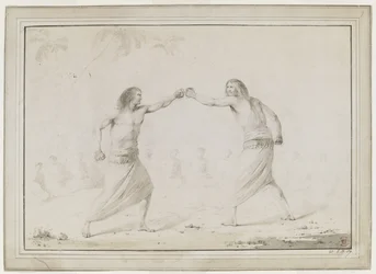 (Dibujo entero) Dos hombres boxeando, con espectadores sentados en semicírculo y palmeras esbozadas tenuemente al fondo.