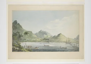 16: Una vista de Huaheine, de una serie de acuarelas que ilustran el último viaje del Capitán Cook, c.1773-84