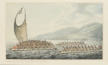 Tereoboo, Rey de Owyhee, trayendo regalos al Capitán Cook, de una serie de acuarelas que ilustran el último viaje del Capitán Cook, c.1773-84