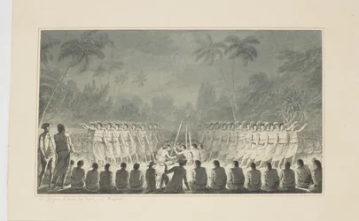 5: Una danza nocturna por hombres, en Hapaee, de una serie de acuarelas que ilustran el último viaje del Capitán Cook, c.1773-84