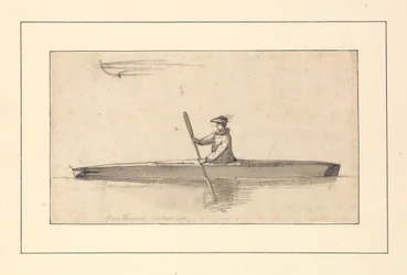 Dibujo titulado "Canoa americana del noroeste" en un cuaderno de bocetos de John Webber.