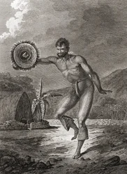 Un bailarín tatuado en traje tradicional, Hawái, 1778