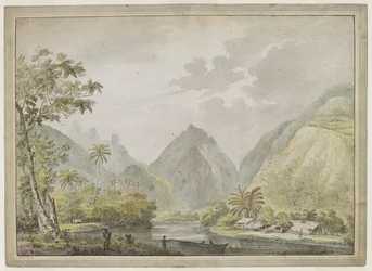 Una vista del río Vaitepiha con dos tahitianos en una canoa en primer plano y otros dos en la orilla. Casas tahitianas a la derecha. agosto de 1777