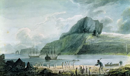 Vista del puerto de Navidad en la Tierra de Kerguelen, 1781-4