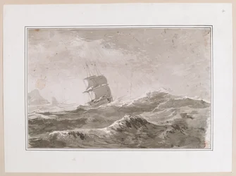 Dibujo de un navío europeo navegando con mar gruesa; probablemente no sea uno de los barcos de Cook. Realizado durante el tercer viaje del capitán Cook.