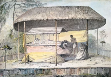 Funeral con difunto bajo dosel, Tahití, Islas de la Sociedad, acuarela de John Webber (1750-1793) de la descripción del último viaje del Capitán James Cook (1776-1779), Polinesia