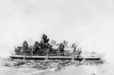 Hawaianos enmascarados en una canoa doble, c. 1770-1793