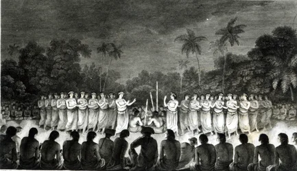 Habitantes nativos de las Islas Amistosas bailando en Hapee, del 