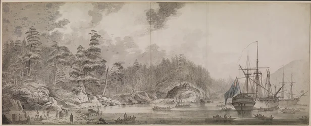 Resolution" y "Discovery" en Ship Cove, Nootka Sound