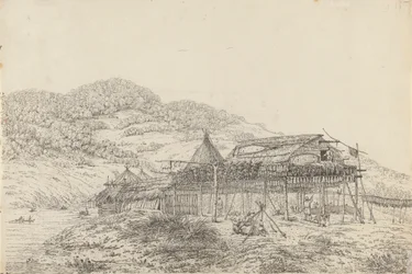 Los balaganes o viviendas de verano, con el método de secado del pescado, en San Pedro y San Pablo, Kamtschatka