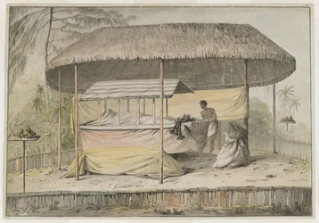 Waheiadooa, jefe de Oheitepeha, yaciendo en estado, grabado por el capitán Cook durante su visita a Tahití el 19 de agosto de 1777. Un escenario funerario sostiene el cadáver amortajado y un acompañante. Están protegidos por un toldo con techo de hierba y 