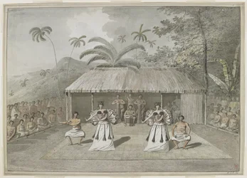 [Un baile o heiva en Otaheite [Tahití]. Dos hombres y dos mujeres bailando, con tamborileros detrás y espectadores a ambos lados. Septiembre de 1777
