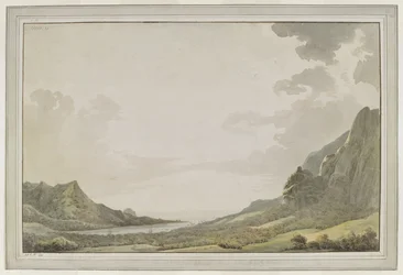 [Dibujo completo.] Vista desde el puerto de Aimeo [bahía de Papetoai] mirando hacia el mar; los mástiles del "Resolution" y del "Discovery" son visibles en la bahía. El capitán Cook visitó Moorea en octubre de 1777