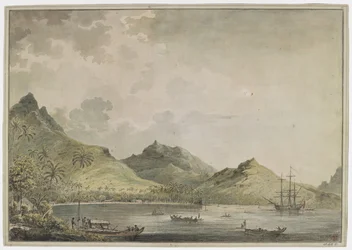 [Dibujo completo]. Vista del puerto de Huahine [Fare Harbour], con las montañas en pico, incluido el monte Turi, al fondo. En la bahía está el "Resolution" y muchas embarcaciones nativas, y en la orilla un grupo de nativos atienden una canoa doble con una 