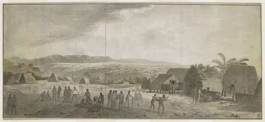 [Dibujo completo] Dibujo de la visita del capitán Cook al pueblo de Waimea, Atooi [Kauai], enero de 1778. Algunos hombres enrollan barriles, otros hacen trueques con los hawaianos. A la derecha, dos nativos llevan un cerdo ensartado en un palo. Detrás de e