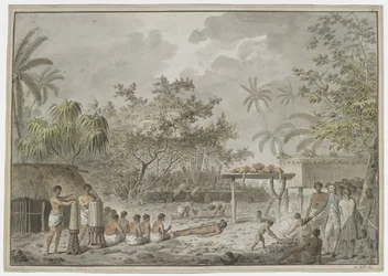 [Sacrificio humano en el gran morai de Attahouroo [Utuaimahurau], Tahití, presenciado por el capitán Cook el 1 de septiembre de 1777. Una figura atada en primer plano, con hombres cavando un hoyo para el cuerpo detrás, y la whatta conteniendo dos perros y 
