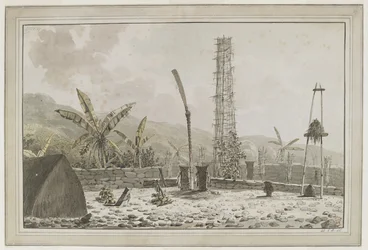 [Dibujo completo] Vista de un "morai" o lugar de enterramiento en Atooi [Kauai, islas Hawaii], que incluye una larga casa y una alta torre calada dentro de un recinto amurallado. Descrito en el diario del capitán Cook el 21 de enero de 1778