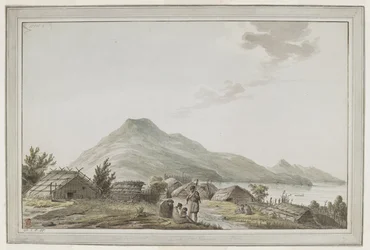 [Dibujo completo] Vista del Hippah, o pueblo fortificado, en la punta suroeste de Motuara en Queen Charlotte Sound. La vista mira hacia el norte, con Motuara al fondo. El dibujo puede deberse a la visita del capitán Cook el 15 de febrero de 1777. El Ma
