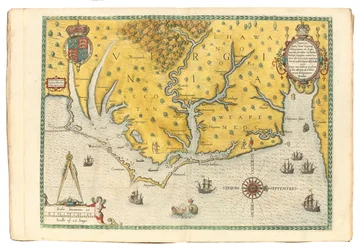 Mapa de Virginia mostrando la llegada de la expedición de Sir Walter Raleigh en 1585, 1590