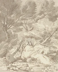 Figuras en la orilla de un río rocoso en Canonteign, Devon