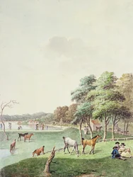 El extremo este del Serpentine, y una vista distante de la Casa de Baños, 1794