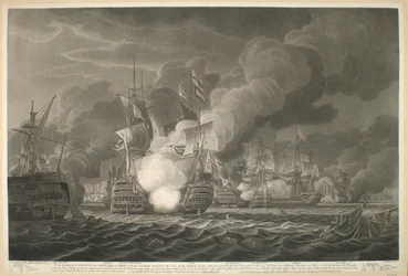 Al REY de S.T VINCENT los OFICIALES y la TRIPULACION, bajo el mando de su Señoria esta Vista de la Galante Accion que se llevo a cabo frente al Cabo de San Vicente el 14 de Febrero de 1797 por un Escuadron Britanico de Quince Velas de Linea y Fragatas / co