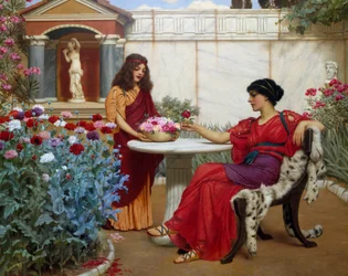"La elección". Una burguesa de la antigua Roma, sentada en una silla cubierta con una piel de bestia, elige una flor entre las que le ofrece una criada. Pintura de John William Godward (1861-1922) 1907 Colección particular
