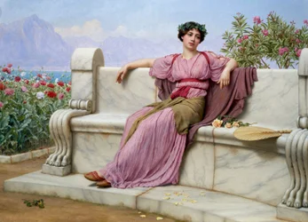 "Tranquilidad" Una joven vestida a la moda antigua, sentada en un banco de mármol en un jardín, con una mirada soñadora. Pintura de John William Godward (1861-1922)