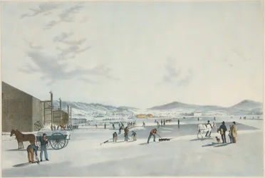 Rockland Lake - Cortando hielo. Vista desde el noreste, pub. 1849