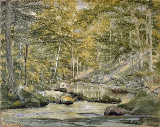Charca en el bosque con hombres pescando, 1870