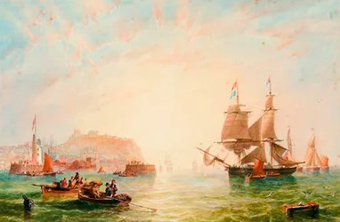 Un bergantín mercante y otros barcos frente a la entrada de Scarborough
