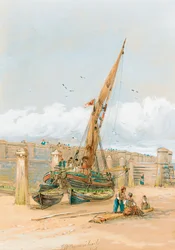 Pescadores chismeando frente a un barco varado, 1846
