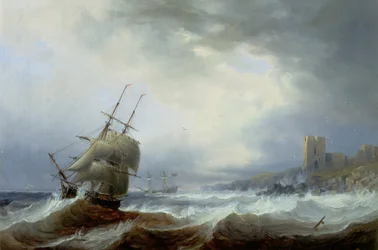 Barcos batiendo una costa Lee (óleo sobre lienzo)