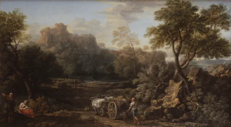 Un rústico con carro de bueyes y otros viajeros en un paisaje boscoso, c.1740 (óleo sobre lienzo)