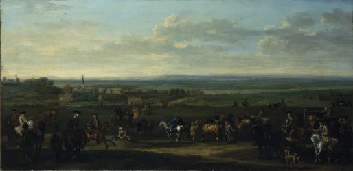 Vista del viejo Newmarket con figuras y caballos en el páramo