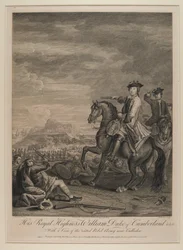 S.A.R. Guillermo (1721-65) Duque de Cumberland con una vista del ejército derrotado cerca de Culloden, 1746, publicado por B. Baron, 1747