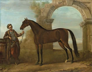 El árabe Godolphin, sostenido por un mozo, en un paisaje con un arco en ruinas, 1731