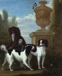 Tres spaniels junto a una urna en un paisaje boscoso