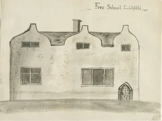Lichfield - Escuela de Gramática: dibujo en sepia, nd [1784]
