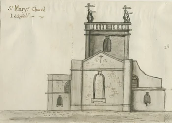 Lichfield - Iglesia de Santa María: dibujo en sepia, nd [1784]
