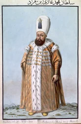 Maometo (Mehmed) III (1566-1603), sultán entre 1595 y 1603, de «Serie de retratos de los emperadores de Turquía».