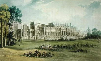 Eaton Hall, oeste del frente del jardín, de Ackermanns Repository of Arts, publicado c.1826